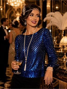 Vintage Partique New York Cobalt Blue Sequin Sweater Size 6 Made in USA